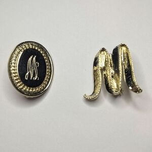Set of 2 Golden Tone Letter M or W Initial Brooches Pins Stylized Calligraphy